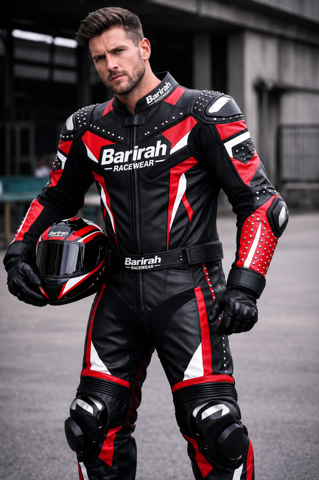 Barirah Racewear Premium One-Piece Leather Motorcycle Racing Suit – Armored Professional Sportbike Track Riding Suit | Black, Red & White