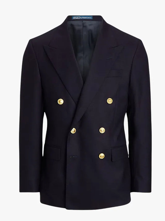 Men's Navy Double-Breasted Blazer with Gold Buttons – Classic Tailored Formal Suit Jacket