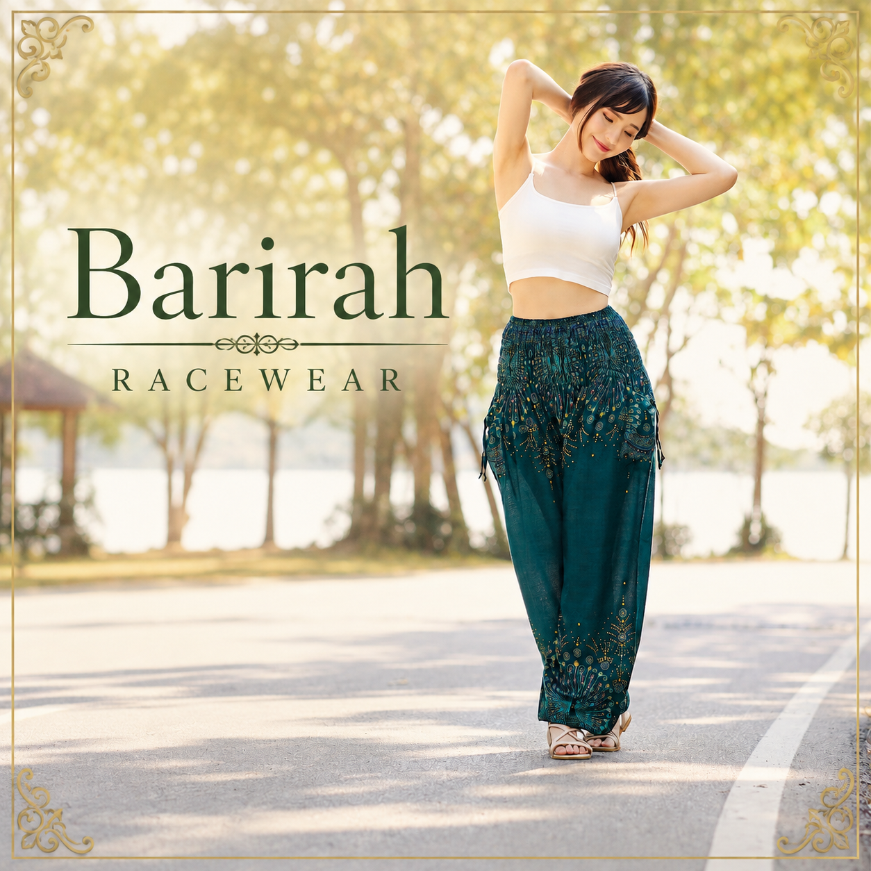 Barirah Racewear Women’s Teal Boho Harem Pants – High-Waist Peacock Print Wide-Leg Lounge Trousers