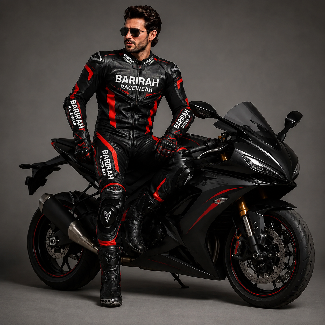 Barirah Racewear Black & Red One-Piece Motorcycle Racing Leather Suit