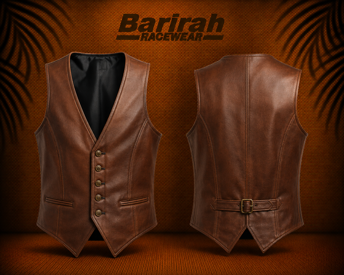 Barirah Racewear Men’s Brown Genuine Leather Jacket Waistcoat