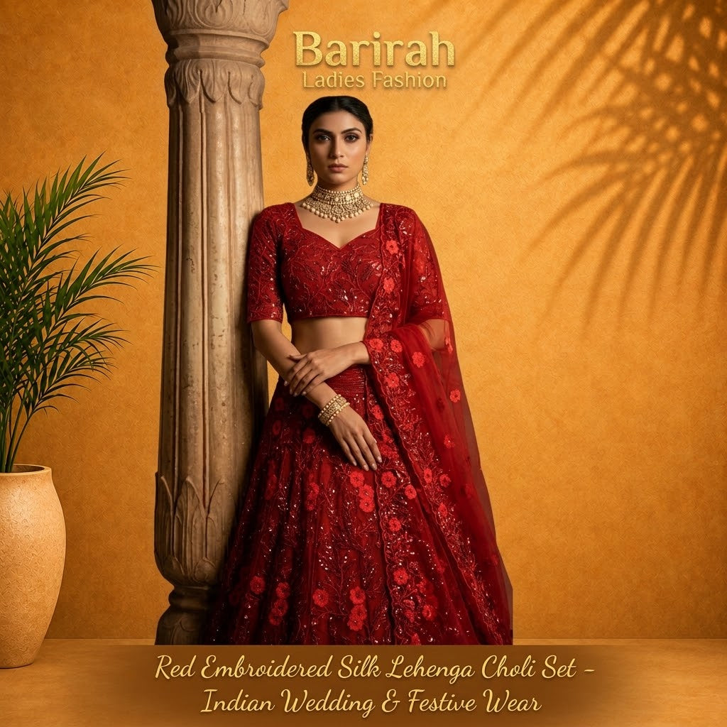 Elegant Red Silk Lehenga Choli Set.