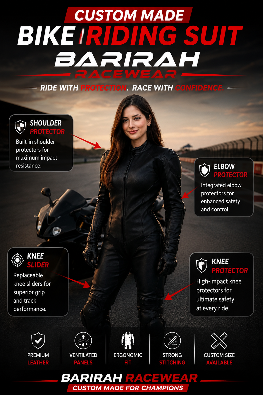 Barirah Racewear Women’s Custom Motorcycle Leather Racing Suit – Black Armored Bike Riding Suit