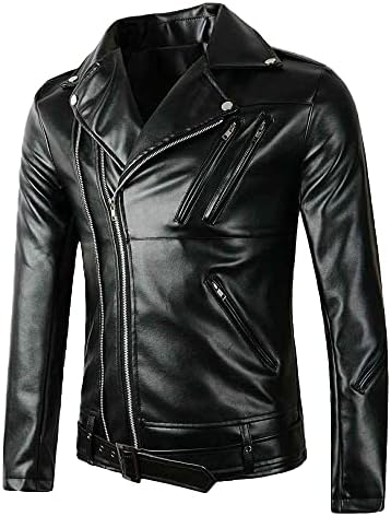 Men's Black Faux Leather Moto Jacket | Slim Fit Asymmetrical Motorcycle Biker Jacket | Classic Zip-Up Leather-Look Coat with Waist Belt