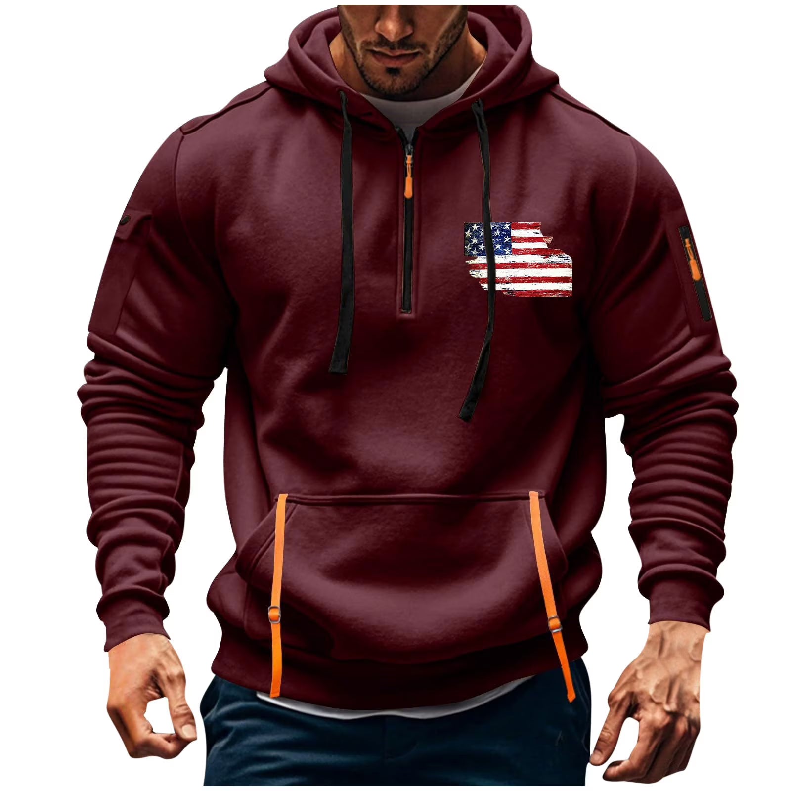 Barirah Racewear Men's American Flag Quarter-Zip Hoodie | Premium Fleece Hooded Sweatshirt | Casual Streetwear Pullover | Burgundy