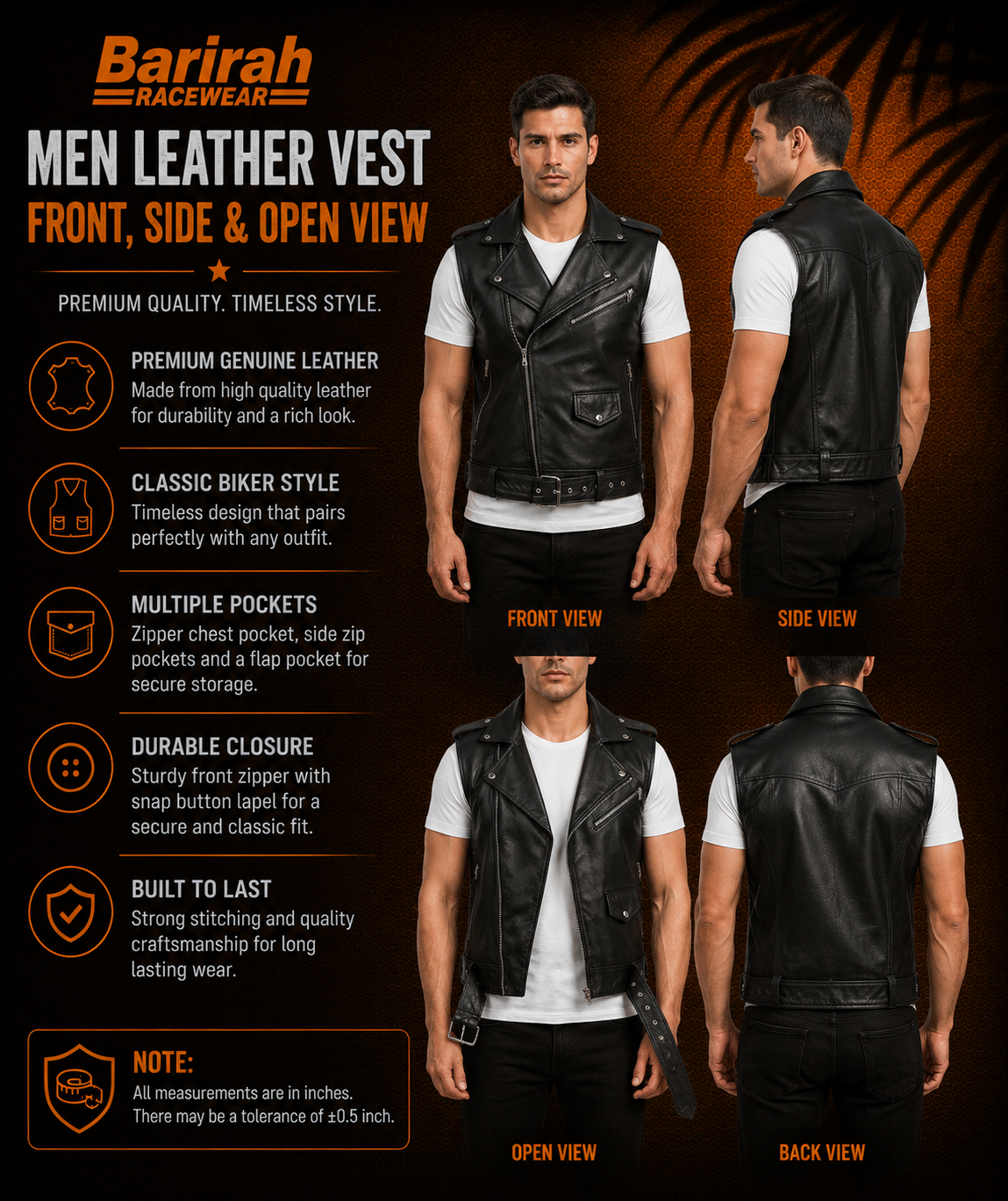 Barirah Racewear Men’s Black Leather Jacket Waistcoat