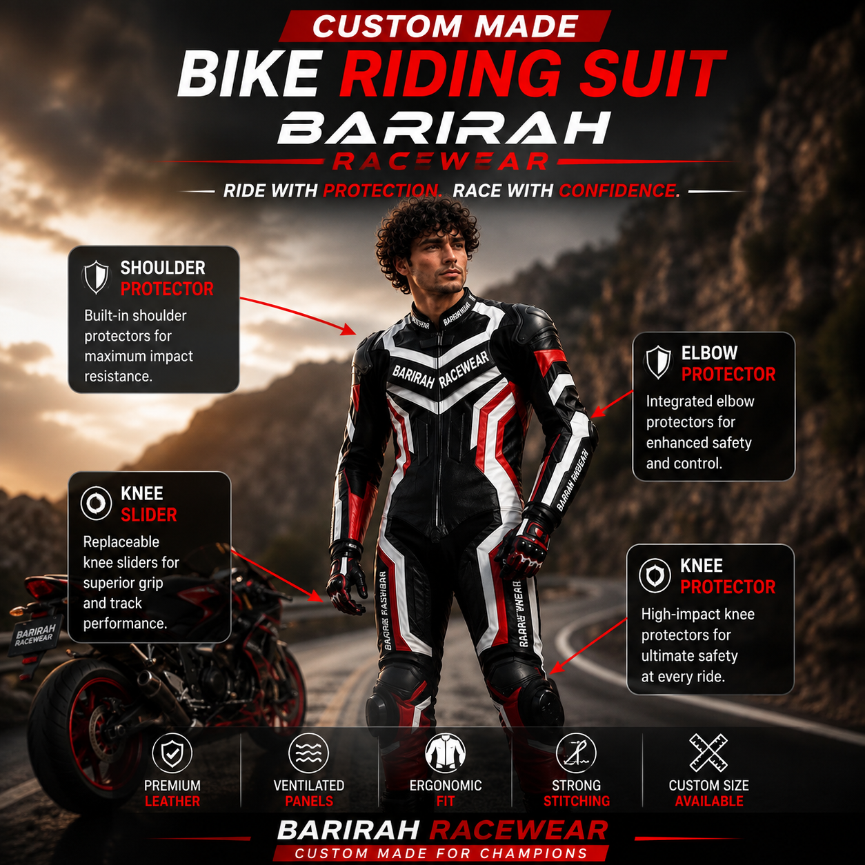 Barirah Racewear Men’s Custom Motorcycle Leather Racing Suit – Black Red & White Armored Bike Riding Suit