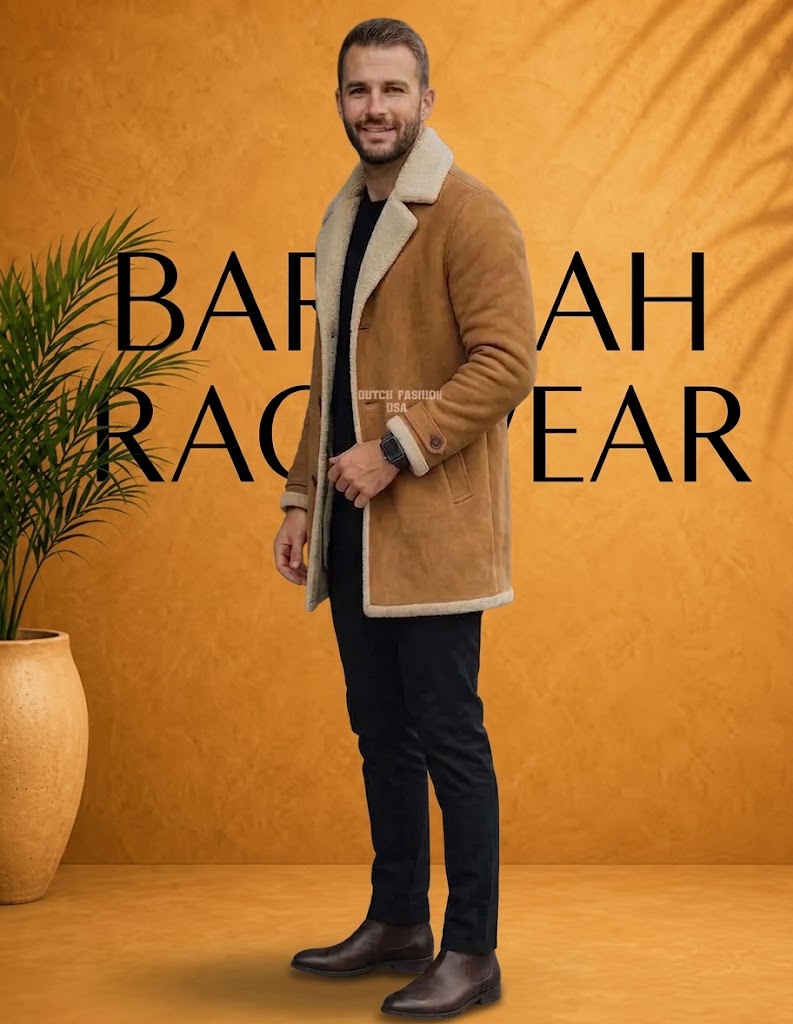 Stylish men’s tan shearling leather jacket
