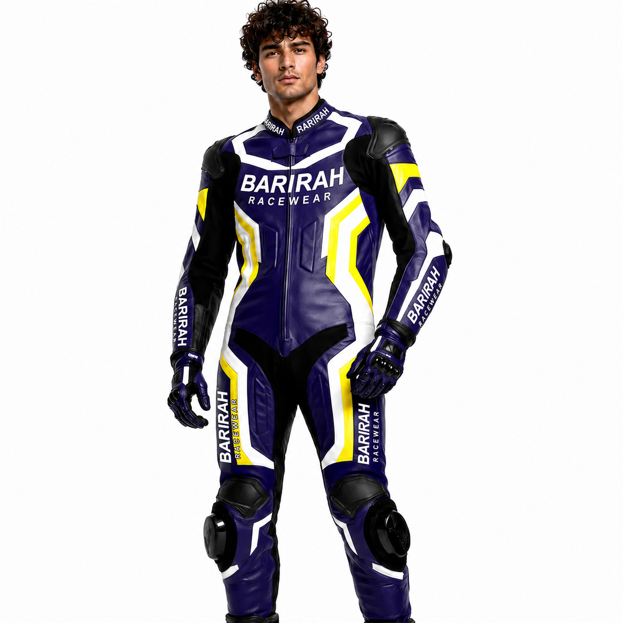 Barirah Racewear Purple, White & Yellow One-Piece Motorcycle Racing Leather Suit