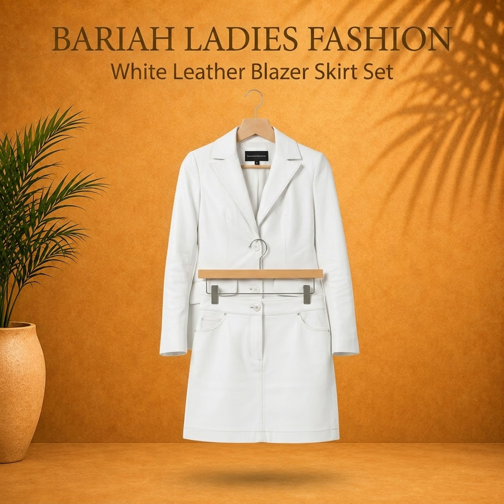 Elegant Women’s White Leather Blazer Skirt Set.