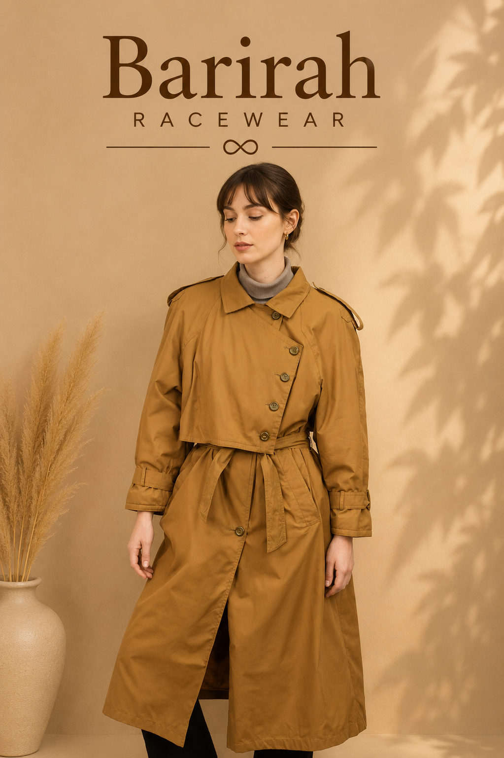 Barirah Racewear Women’s Classic Belted Trench Coat – Camel Brown