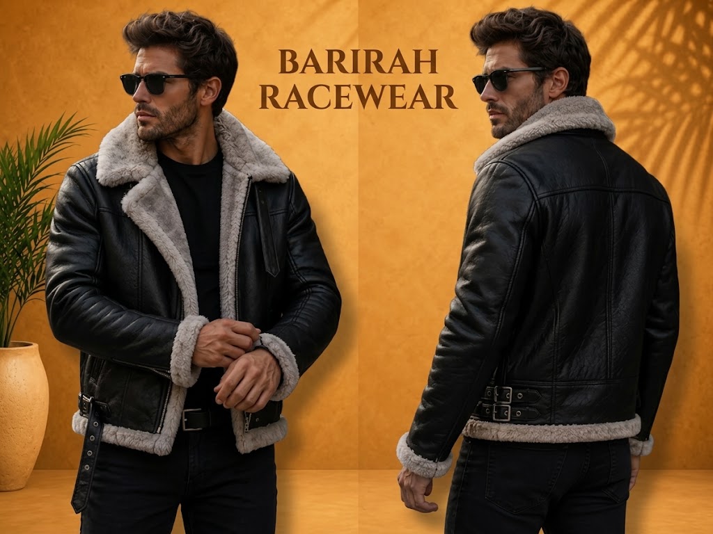 Stylish men’s black shearling leather jacket featuring a classic aviator-inspired design