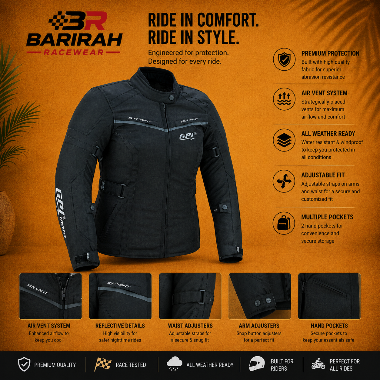 Barirah Racewear Women’s All-Season High Premium Quality Wind & Waterproof Motorcycle Jacket – Full Black