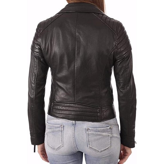 Women's Genuine Lambskin Leather Biker Jacket | Classic Motorcycle Zip-Up Moto Jacket | Quilted Shoulder Slim Fit Leather Jacket | Black