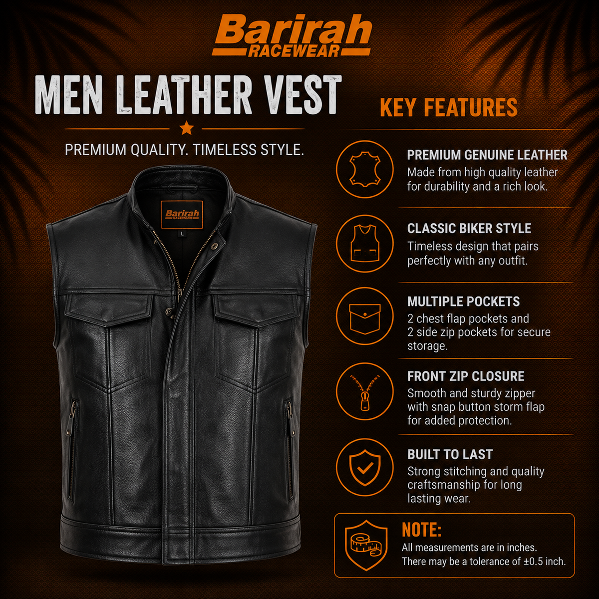 Barirah Racewear Men’s Genuine Cowhide Leather Biker Jacket Waistcoat