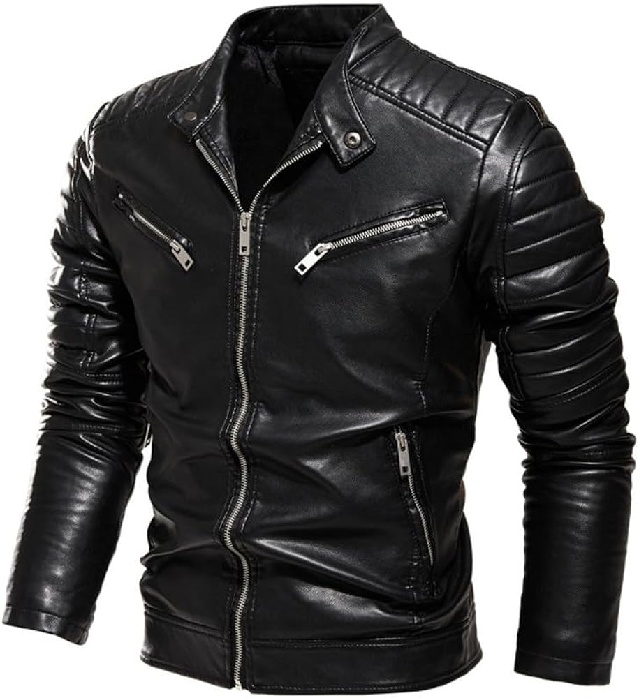 Men's Black Faux Leather Motorcycle Jacket | Slim Fit Moto Biker Jacket | Classic Zip-Up Leather-Look Coat with Quilted Shoulders