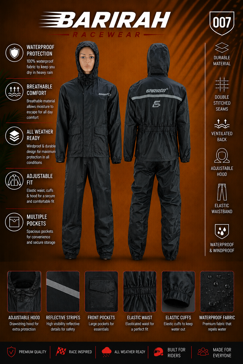 BARIRAH RACEWEAR Motorcycle Rain Suit for Men and Women Weatherproof All-Season Riding Black