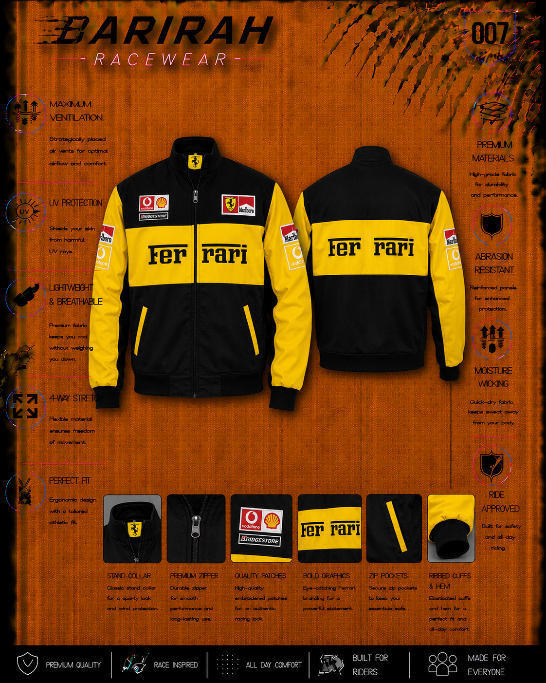 Ferrari Style Bomber Racing Jacket Full-Zip Cotton Blend