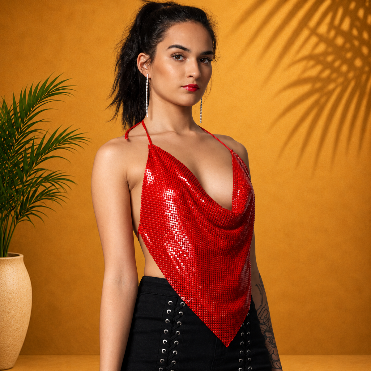 Red Glomesh Halter Top,