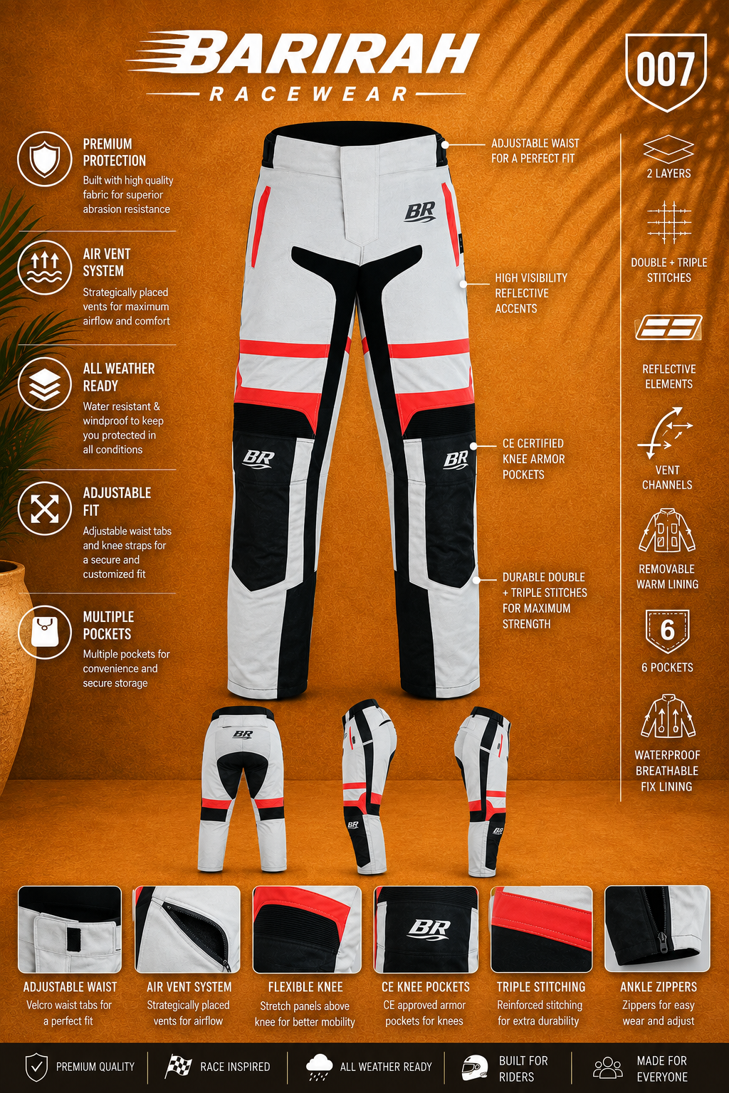 Premium Adjustable/Black/Red Multi-Color Motorcycle Pants - Beach