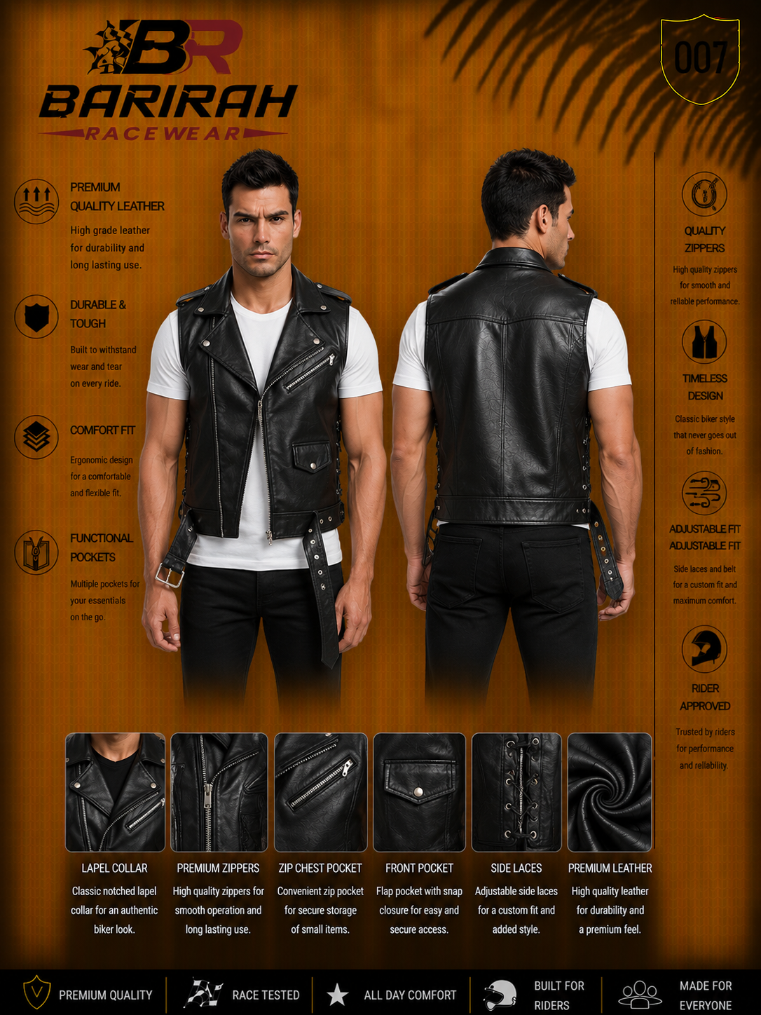 Barirah Racewear Men’s Black Leather Jacket Waistcoat
