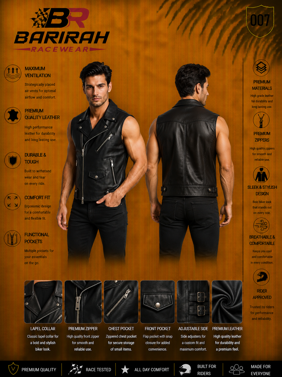 Barirah Racewear Men’s Black Genuine Leather Biker Jacket waistcoat