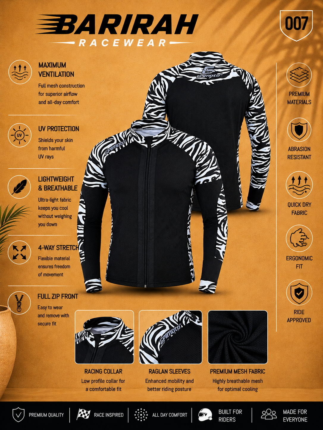 Men's Mesh Black & White Motorcycle Shirt - CE Level 2 Certified