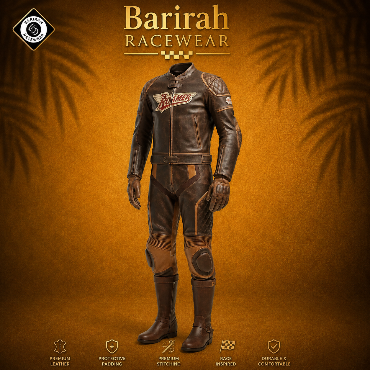 Barirah Racewear Men’s Vintage Brown Leather Motorcycle Racing Suit – Protective Biker Jacket & Pants Set