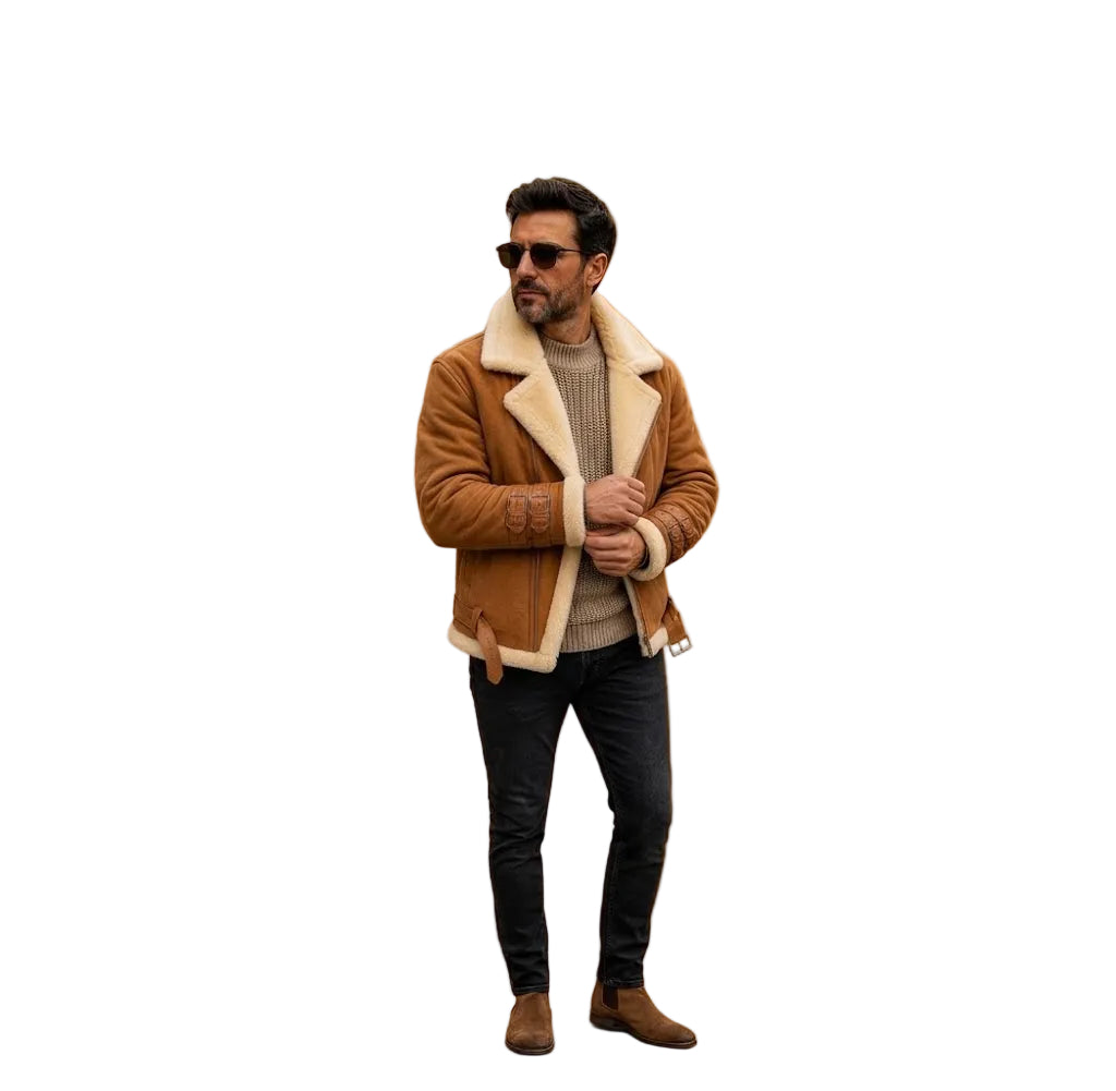 Stylish men’s brown shearling leather jacket featuring a classic aviator-inspired design,