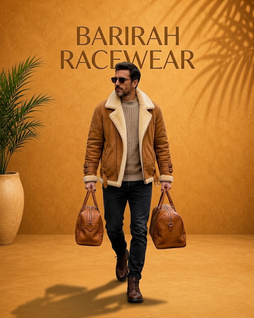 Stylish men’s brown shearling leather jacket featuring a classic aviator-inspired design,