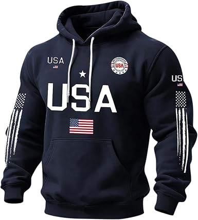 Barirah Racewear Men's USA Graphic Pullover Hoodie | Premium Fleece Hooded Sweatshirt | American Flag Casual Streetwear Hoodie | Navy Blue