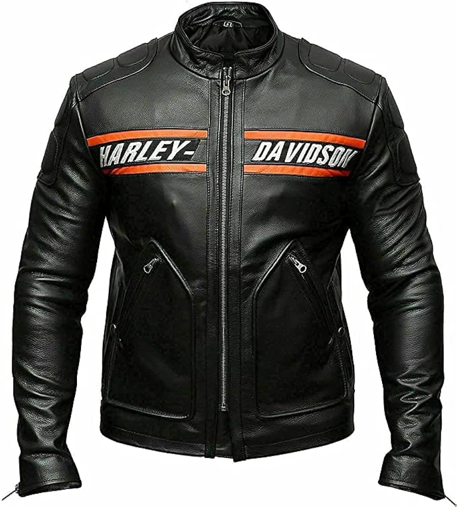 Harley-Davidson Men's Black Leather Motorcycle Jacket | Classic Cafe Racer Riding Jacket | Stand Collar Zip-Up Biker Coat with Orange Stripe