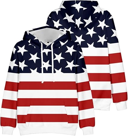 Barirah Racewear Unisex American Flag Pullover Hoodie | USA Stars & Stripes Graphic Hooded Sweatshirt | Premium Casual Streetwear Hoodie | Red, White & Blue