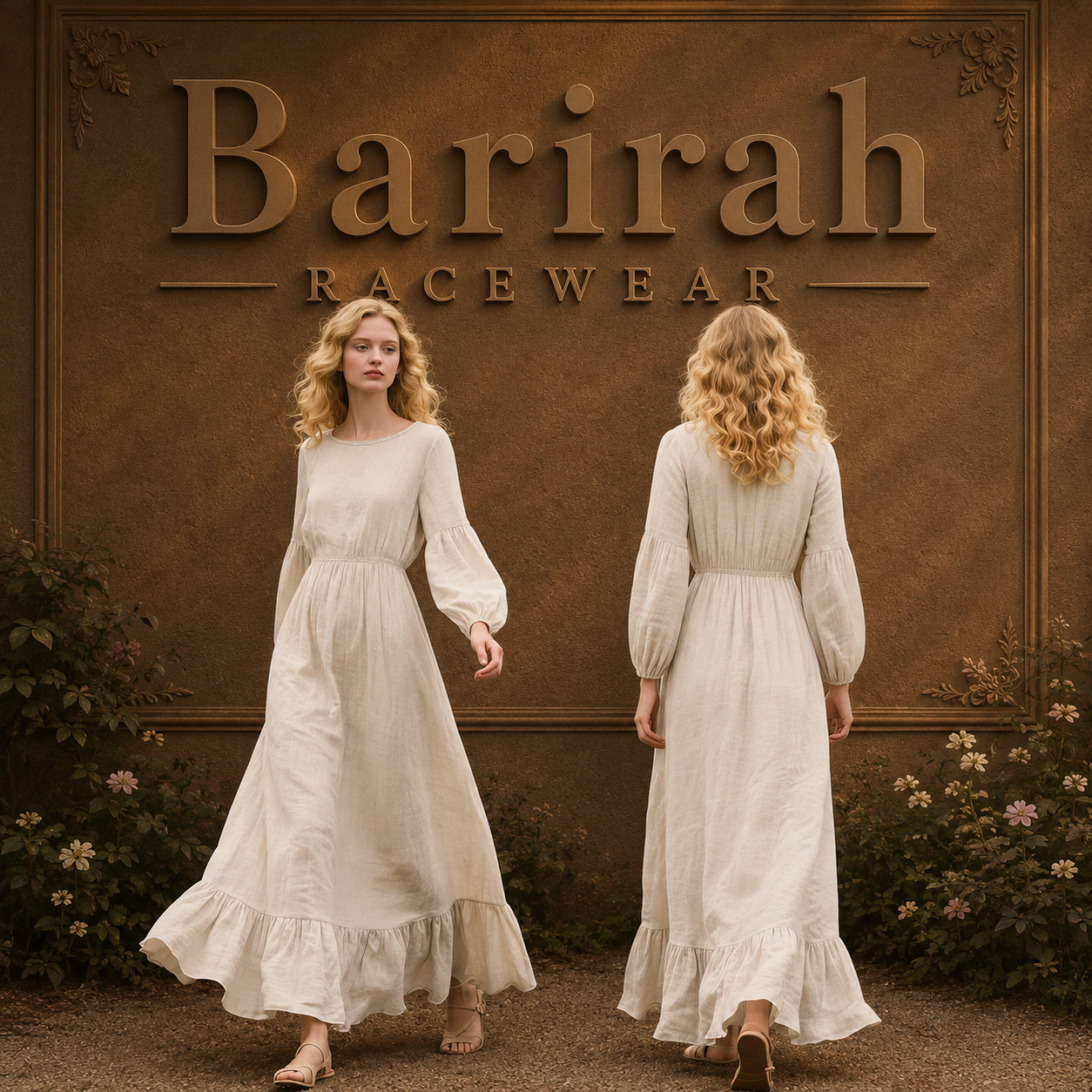 Barirah Racewear Women’s Ivory Maxi Dress – Long Balloon Sleeve Ruffle Hem Elegant Flowy Dress