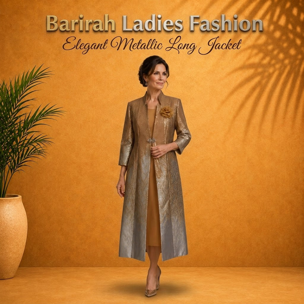 ✨ Elegant Metallic Long Jacket Dress Set | Available in Three Colors | Barirah Racewear ✨