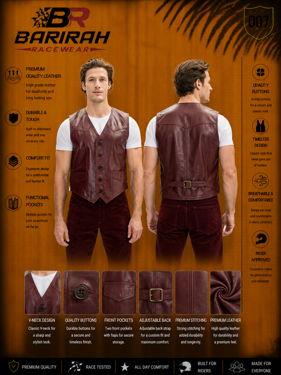 Barirah Racewear Men’s Leather Western jacket waistcoat