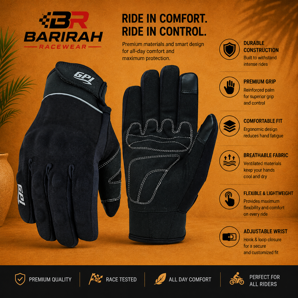 Barirah Racewear Premium Soft Motorcycle Full Black Gloves