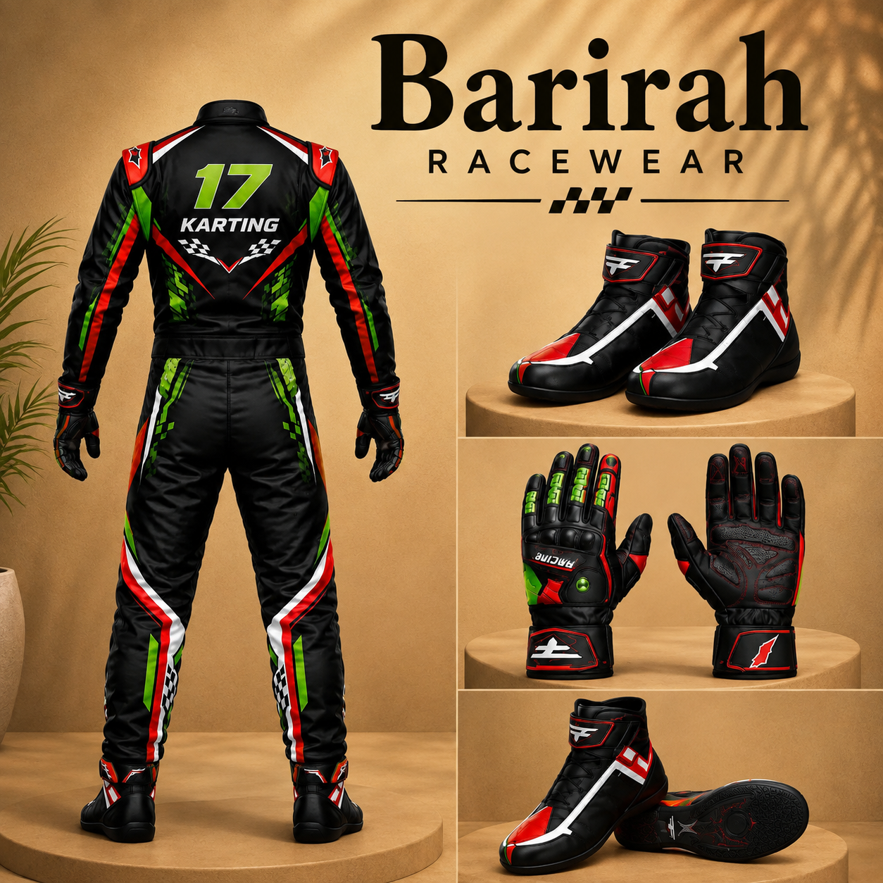 Barirah Racewear Karting Racing Suit Set – Black, Green, Red & White with Racing Gloves & Boots