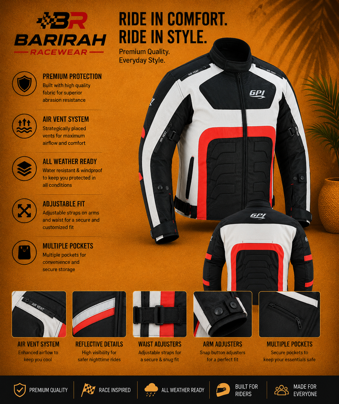BARIRAH RACEWEAR Men’s All-Season High Premium Quality Waterproof Motorcycle Jacket with 4 Pockets – Black/Beach/Red