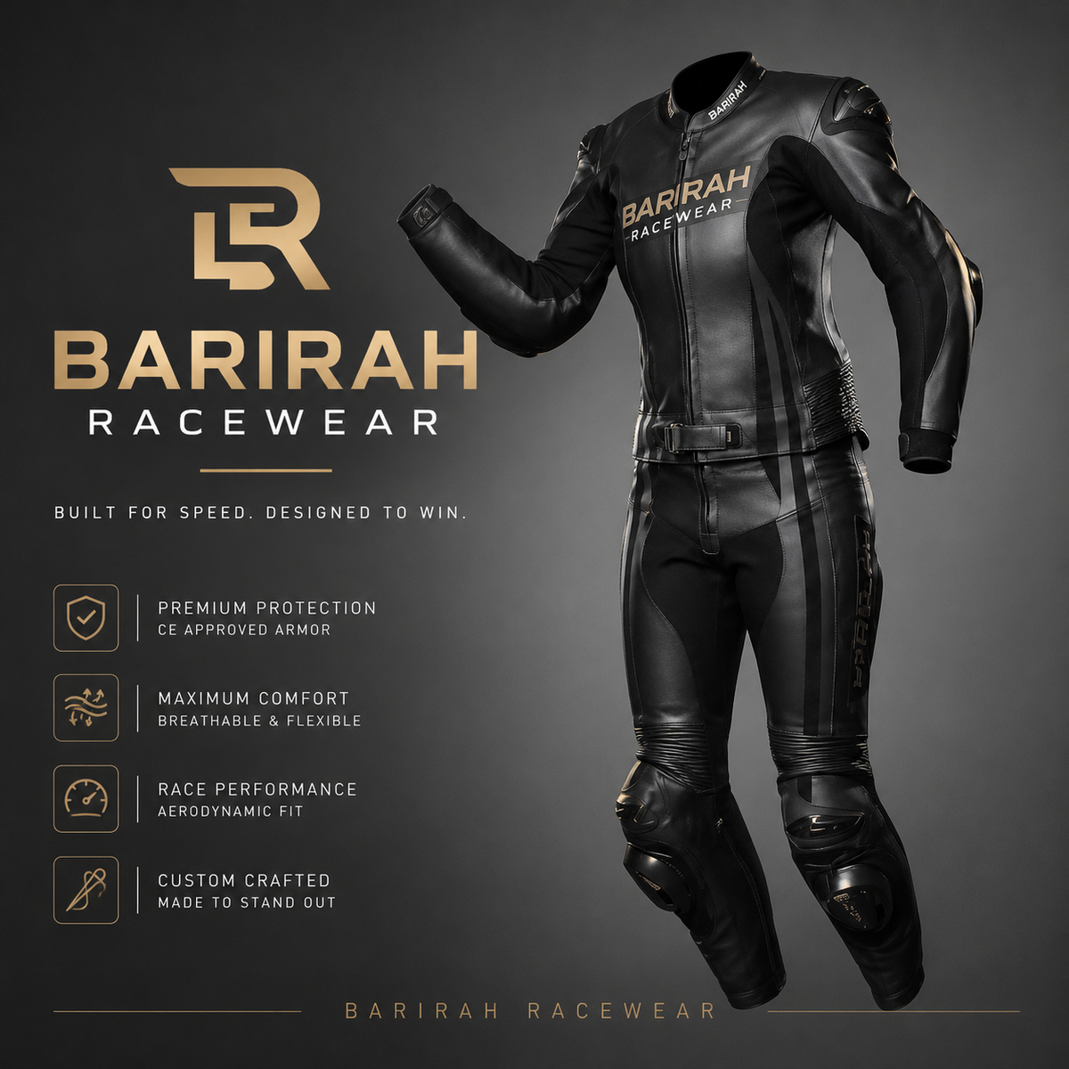 Premium Black Leather Motorcycle - One-Piece CE Armor Track