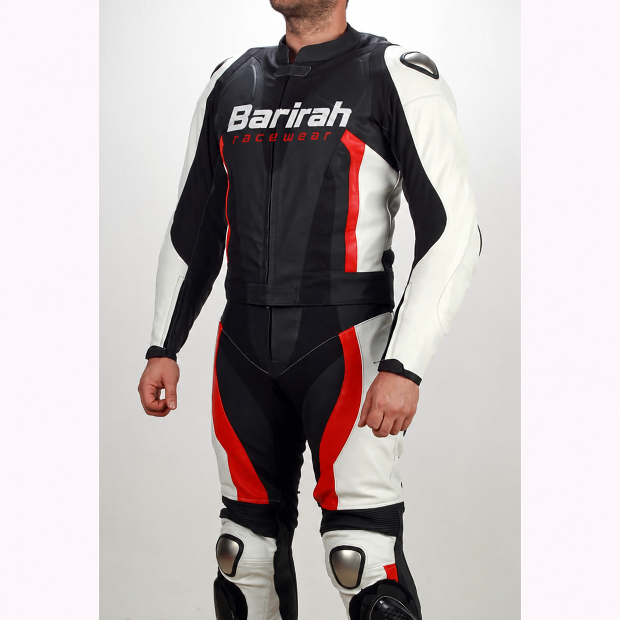 Barirah Racewear Men’s Leather Motorcycle Racing Suit – Black, White & Red