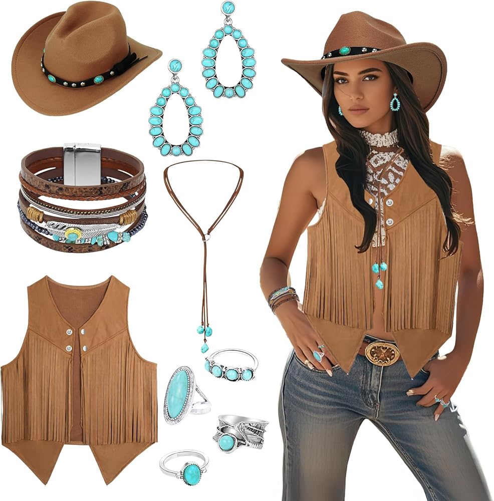 Women's Western Cowgirl Costume Accessory Set | Cowboy Hat, Fringe Vest, Turquoise Jewelry & Bracelet | Western Dress-Up Kit for Halloween, Rodeo & Cosplay