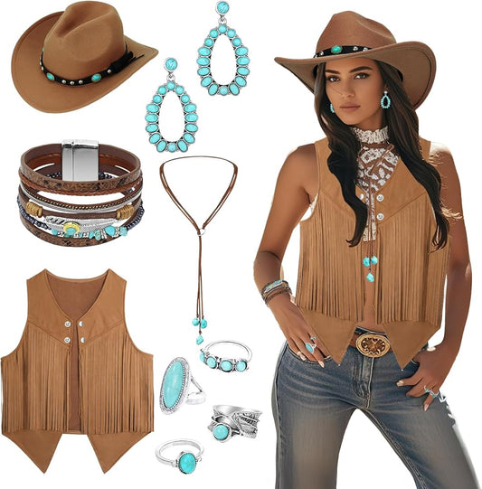 Women's Western Cowgirl Costume Accessory Set | Cowboy Hat, Fringe Vest, Turquoise Jewelry & Bracelet | Western Dress-Up Kit for Halloween, Rodeo & Cosplay