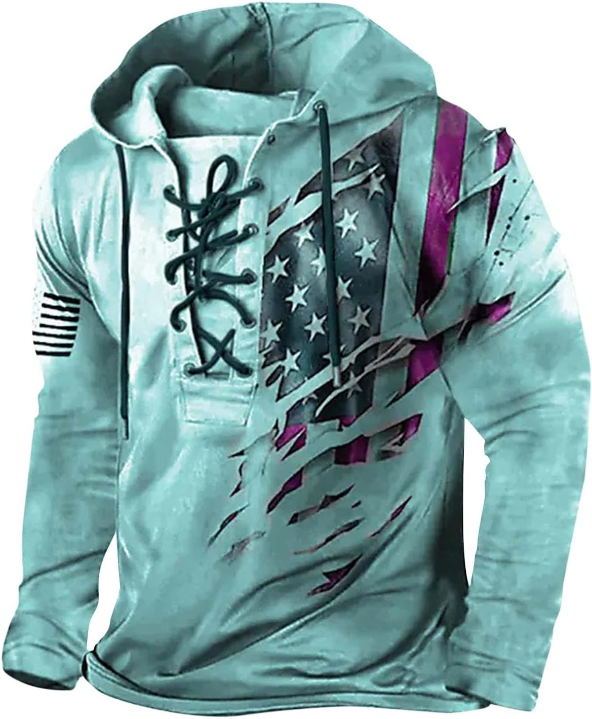 Barirah Racewear Men's Lace-Up Patriotic Graphic Hoodie | American Flag Pullover Hooded Sweatshirt | Casual Streetwear Long Sleeve Hoodie | Mint Green