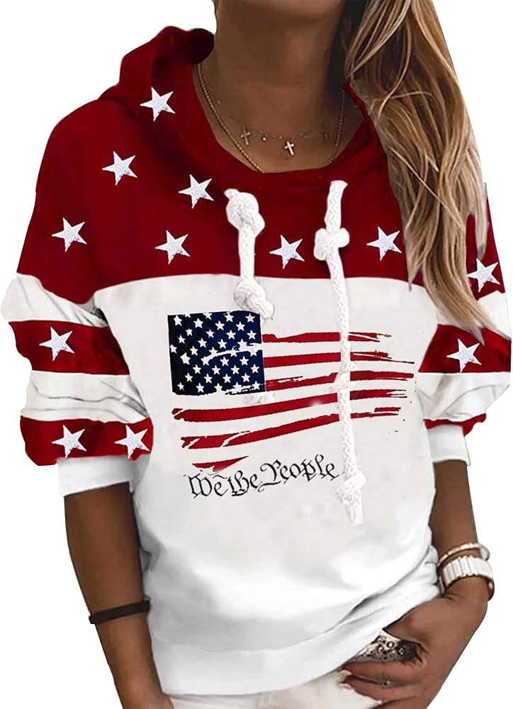 Barirah Racewear Women's American Flag Graphic Hoodie | Patriotic Stars Print Pullover Sweatshirt | Casual Long Sleeve Hooded Top | Red & White