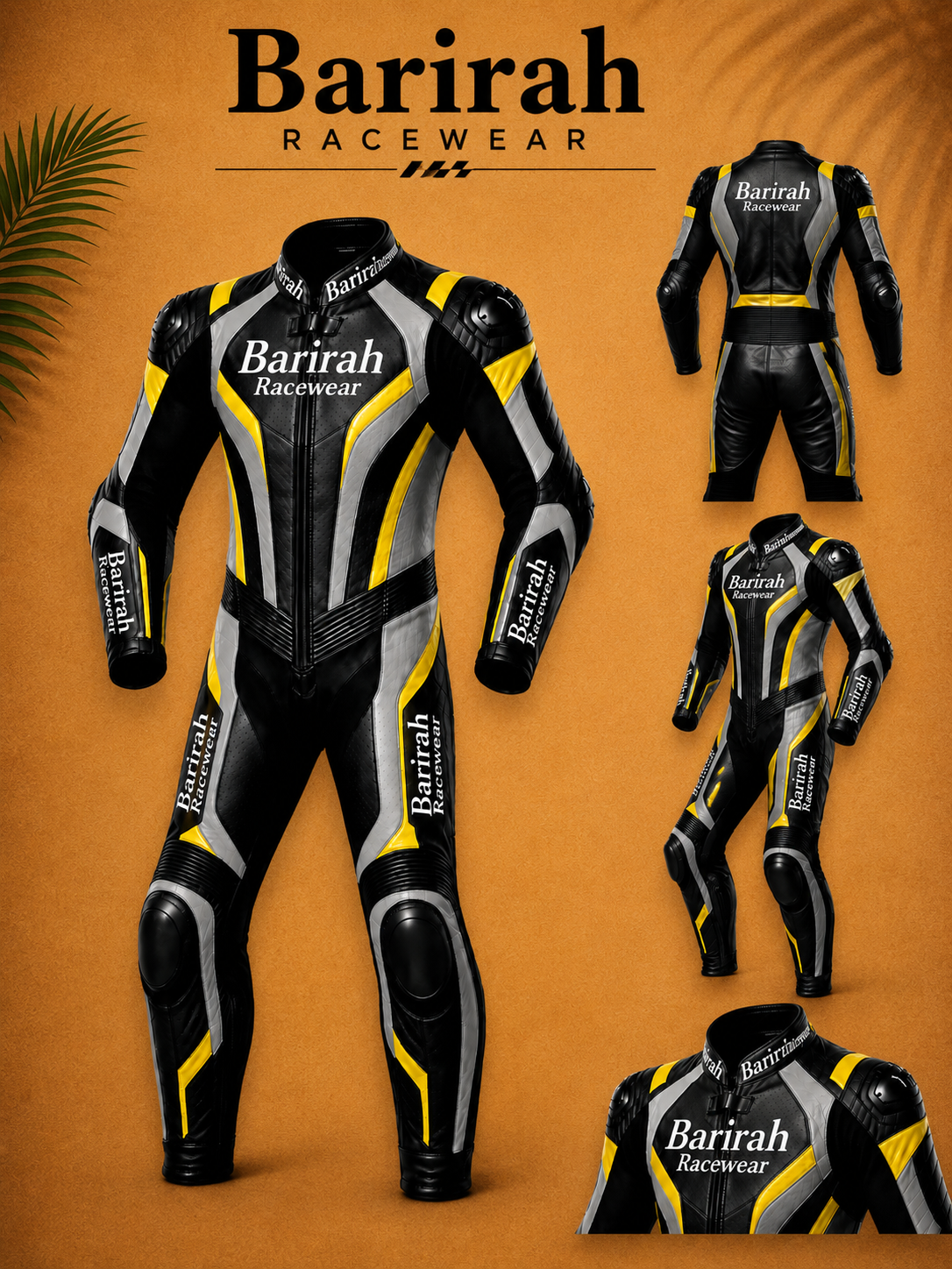 Barirah Racewear Men’s Motorcycle Racing Leather Suit – Black, Grey & Yellow Protective One-Piece Riding Suit