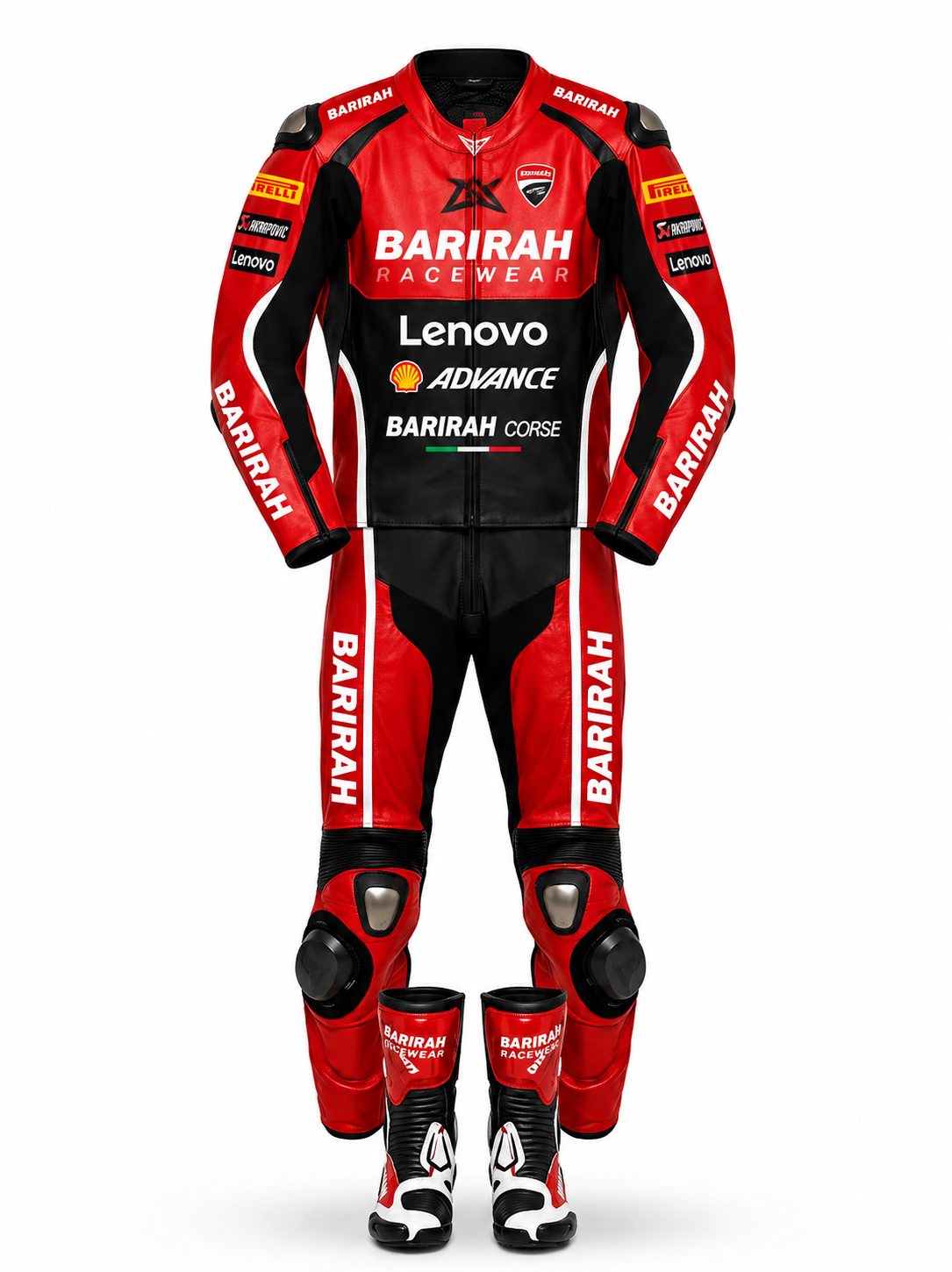 Barirah Racewear Ducati-Style Red & Black One-Piece Motorcycle Racing Leather Suit with Boots