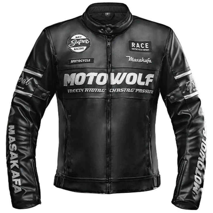 Men's Black Motorcycle Leather Jacket | Moto Racing Biker Jacket with Embroidered Patches | Stand Collar Zip-Up Riding Coat