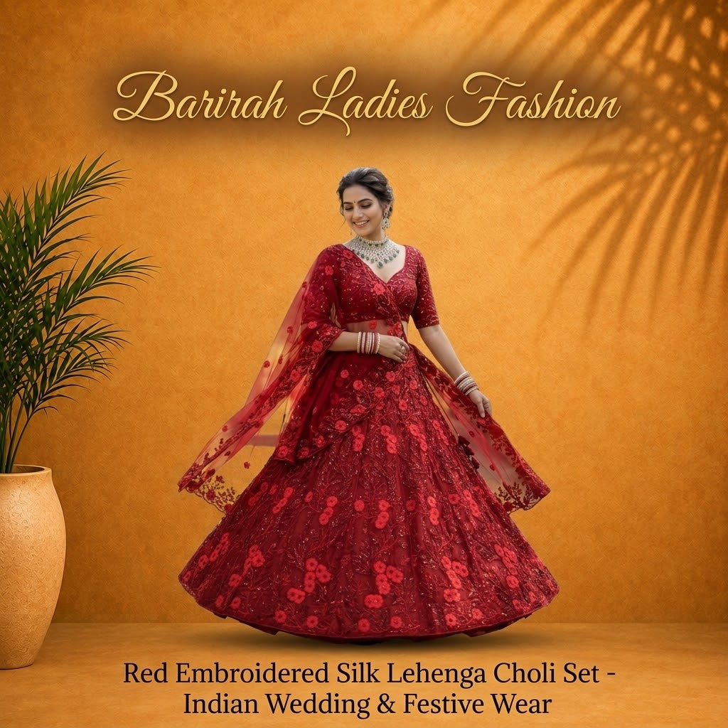Elegant Red Silk Lehenga Choli Set.