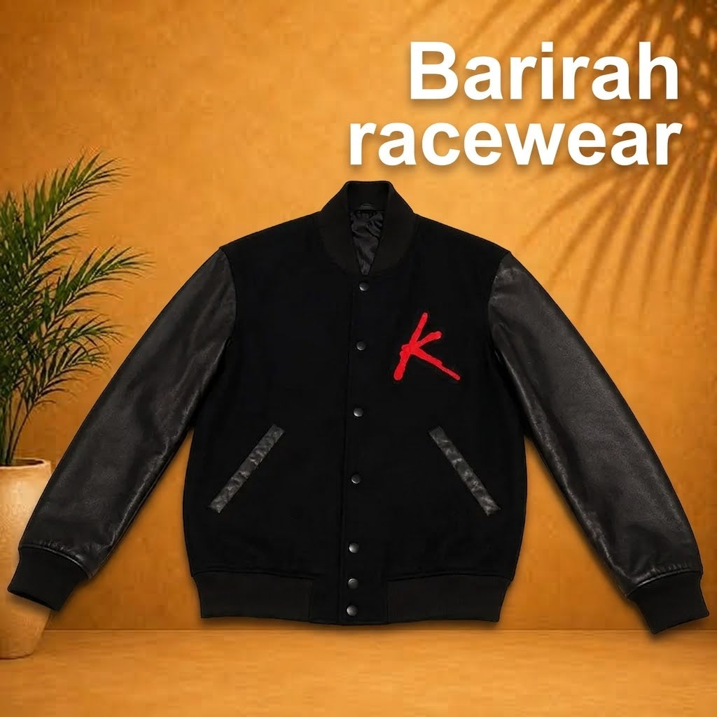 Kavinsky-Inspired Black Wool & Faux Leather Varsity Jacket | Barirah Racewear